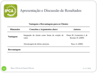 Vantagens e Desvantagens para os Clientes

       Dimensões                Conceitos e Argumentos chave                      Autores

                        Integração do cliente como forma de criação de   Ebner, W., Leimeister, J., &
     Vantagens
                        valor;                                              Krcmar, H. (2009)


                        Alavancagem de oferta e procura;                       Pace, A. (2008)

     Desvantagens




13     Marco Oliveira & Samuel Oliveira                                                       11-12-2010
 