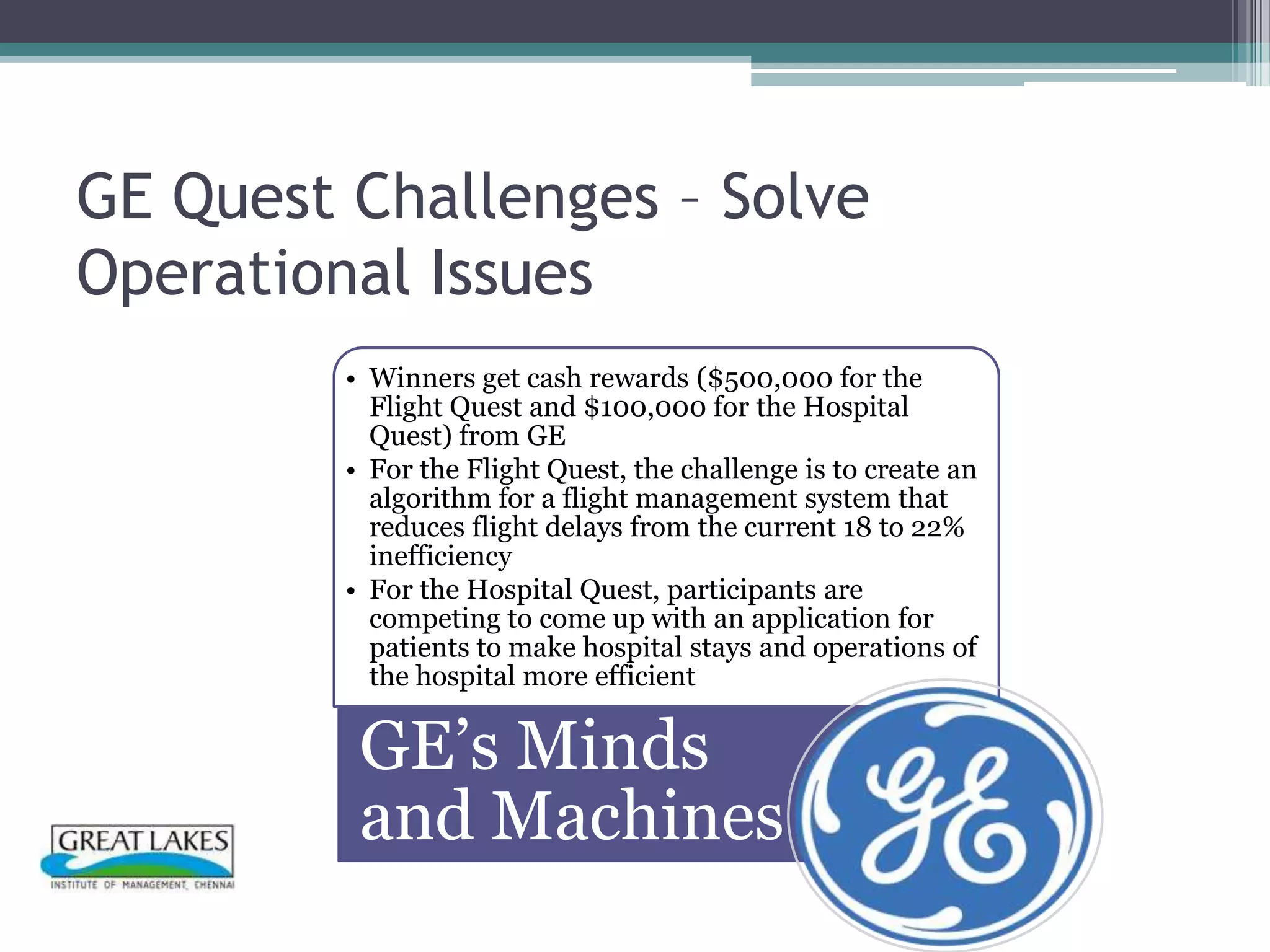 GE Quest Challenges – Solve
Operational Issues
         • Winners get cash rewards ($500,000 for the
           Flight Quest and $100,000 for the Hospital
           Quest) from GE
         • For the Flight Quest, the challenge is to create an
           algorithm for a flight management system that
           reduces flight delays from the current 18 to 22%
           inefficiency
         • For the Hospital Quest, participants are
           competing to come up with an application for
           patients to make hospital stays and operations of
           the hospital more efficient

          GE’s Minds
          and Machines
 