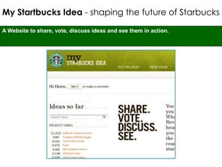 My Startbucks Idea - shaping the future of Starbucks

A Website to share, vote, discuss ideas and see them in action.
 