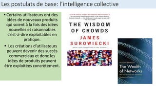  Certains utilisateurs ont des
idées de nouveaux produits
qui soient à la fois des idées
nouvelles et raisonnables
c’est-à-dire exploitables en
pratique.
 Les créations d’utilisateurs
peuvent devenir des succès
commerciaux et donc les
idées de produits peuvent
être exploitées concrètement.
Les postulats de base: l’intelligence collective
 