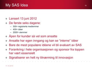 Lansert 13 juni 2012
De første seks dagene:
– 500+ registrerte medlemmer
– 400+ idéer
– 2000+ stemmer
Åpen for kunder så vel som ansatte
Ansatte har egen inngang og kan se “interne” idéer
Bare de mest populære idéene vil bli evaluert av SAS
Forankring i hele organisasjonen og sponsor fra toppen
har vært essensielt
Signaliserer en helt ny tilnærming til innovasjon
My SAS Idea
11.10.2013
15
 