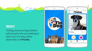 PROJECT
TinDog connects dog shelters
with people who are looking to
take care of a dog, either
physically or virtually.
 