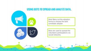 USING BOTS TO SPREAD AND ANALYZE DATA.
Bots are used to spread the
volunteers participations via
social networks.
Bots filters out the adoption
forms to choose the best
candidate adopter.
 