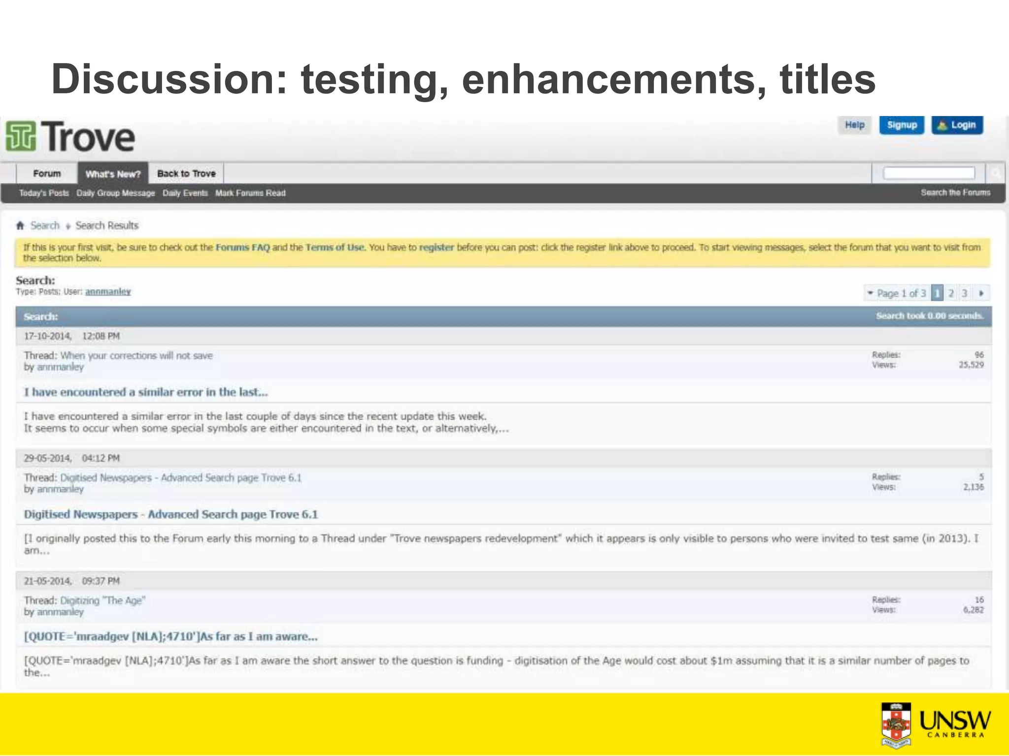 Discussion: testing, enhancements, titles
 