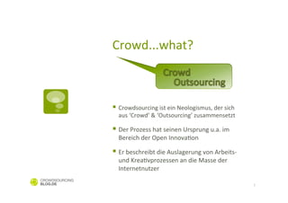 Crowd...what?	
  	
  



§  Crowdsourcing	
  ist	
  ein	
  Neologismus,	
  der	
  sich	
  
   aus	
  ‘Crowd’	
  &	
  ‘Outsourcing’	
  zusammensetzt	
  

§  Der	
  Prozess	
  hat	
  seinen	
  Ursprung	
  u.a.	
  im	
  
   Bereich	
  der	
  Open	
  InnovaCon	
  	
  

§  Er	
  beschreibt	
  die	
  Auslagerung	
  von	
  Arbeits-­‐	
  
   und	
  KreaCvprozessen	
  an	
  die	
  Masse	
  der	
  
   Internetnutzer	
  

                                                                      1
 