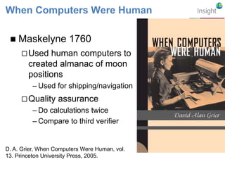 When Computers Were Human 
 Maskelyne 1760 
Used human computers to 
created almanac of moon 
positions 
– Used for shipping/navigation 
Quality assurance 
– Do calculations twice 
– Compare to third verifier 
D. A. Grier, When Computers Were Human, vol. 
13. Princeton University Press, 2005. 
 