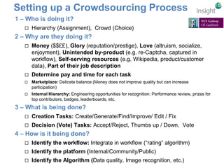 Setting up a Crowdsourcing Process 
1 – Who is doing it? 
 Hierarchy (Assignment), Crowd (Choice) 
2 – Why are they doing it? 
 Money ($$££), Glory (reputation/prestige), Love (altruism, socialize, 
enjoyment), Unintended by-product (e.g. re-Captcha, captured in 
workflow), Self-serving resources (e.g. Wikipedia, product/customer 
data), Part of their job description 
 Determine pay and time for each task 
 Marketplace: Delicate balance (Money does not improve quality but can increase 
participation) 
 Internal Hierarchy: Engineering opportunities for recognition: Performance review, prizes for 
top contributors, badges, leaderboards, etc. 
3 – What is being done? 
 Creation Tasks: Create/Generate/Find/Improve/ Edit / Fix 
 Decision (Vote) Tasks: Accept/Reject, Thumbs up / Down, Vote 
4 – How is it being done? 
 Identify the workflow: Integrate in workflow (“rating” algorithm) 
 Identify the platform (Internal/Community/Public) 
 Identify the Algorithm (Data quality, Image recognition, etc.) 
 