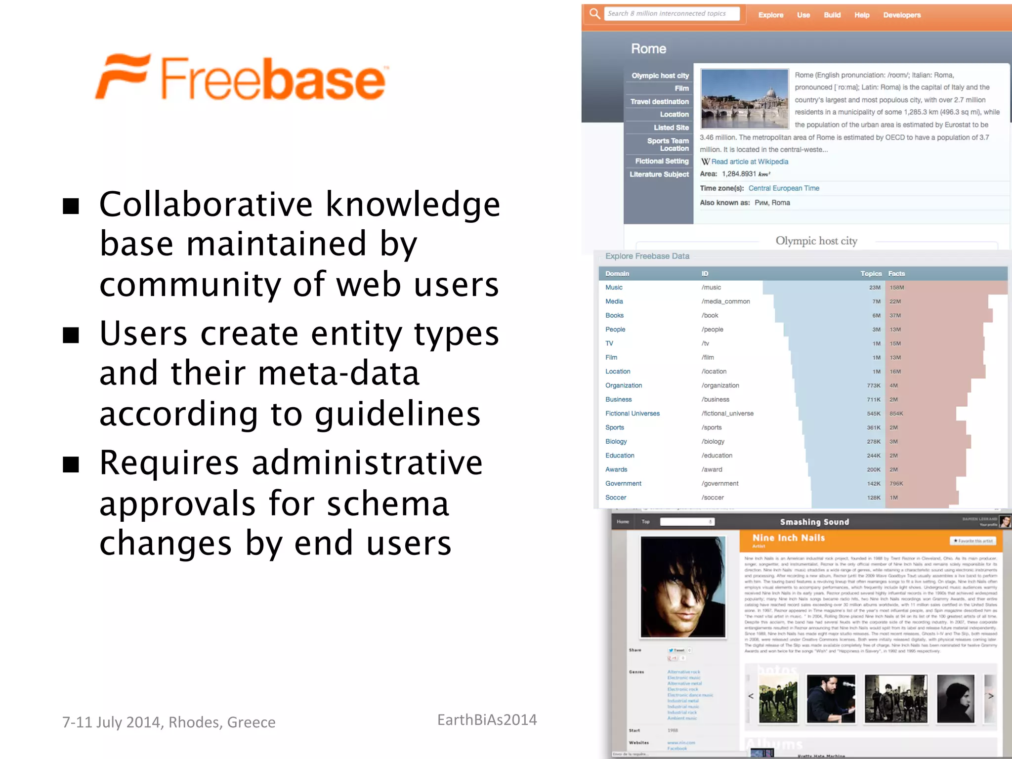 EarthBiAs2014	
  7-­‐11	
  July	
  2014,	
  Rhodes,	
  Greece	
  
n  Collaborative knowledge
base maintained by
community of web users
n  Users create entity types
and their meta-data
according to guidelines
n  Requires administrative
approvals for schema
changes by end users
 