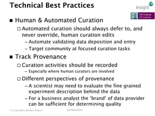 EarthBiAs2014	
  7-­‐11	
  July	
  2014,	
  Rhodes,	
  Greece	
  
Technical Best Practices
n  Human & Automated Curation
...