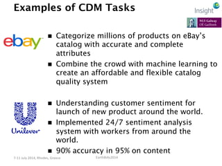 EarthBiAs2014	
  7-­‐11	
  July	
  2014,	
  Rhodes,	
  Greece	
  
Examples of CDM Tasks
n  Understanding customer sentime...