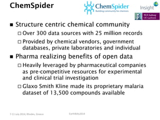 EarthBiAs2014	
  7-­‐11	
  July	
  2014,	
  Rhodes,	
  Greece	
  
ChemSpider
n  Structure centric chemical community
¨ O...