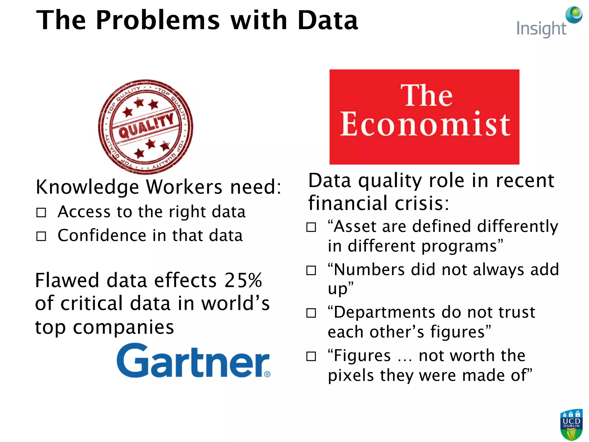 The Problems with Data
Knowledge Workers need:
¨  Access to the right data
¨  Confidence in that data
Flawed data effects 25%
of critical data in world’s
top companies
Data quality role in recent
financial crisis:
¨  “Asset are defined differently
in different programs”
¨  “Numbers did not always add
up”
¨  “Departments do not trust
each other’s figures”
¨  “Figures … not worth the
pixels they were made of”
 