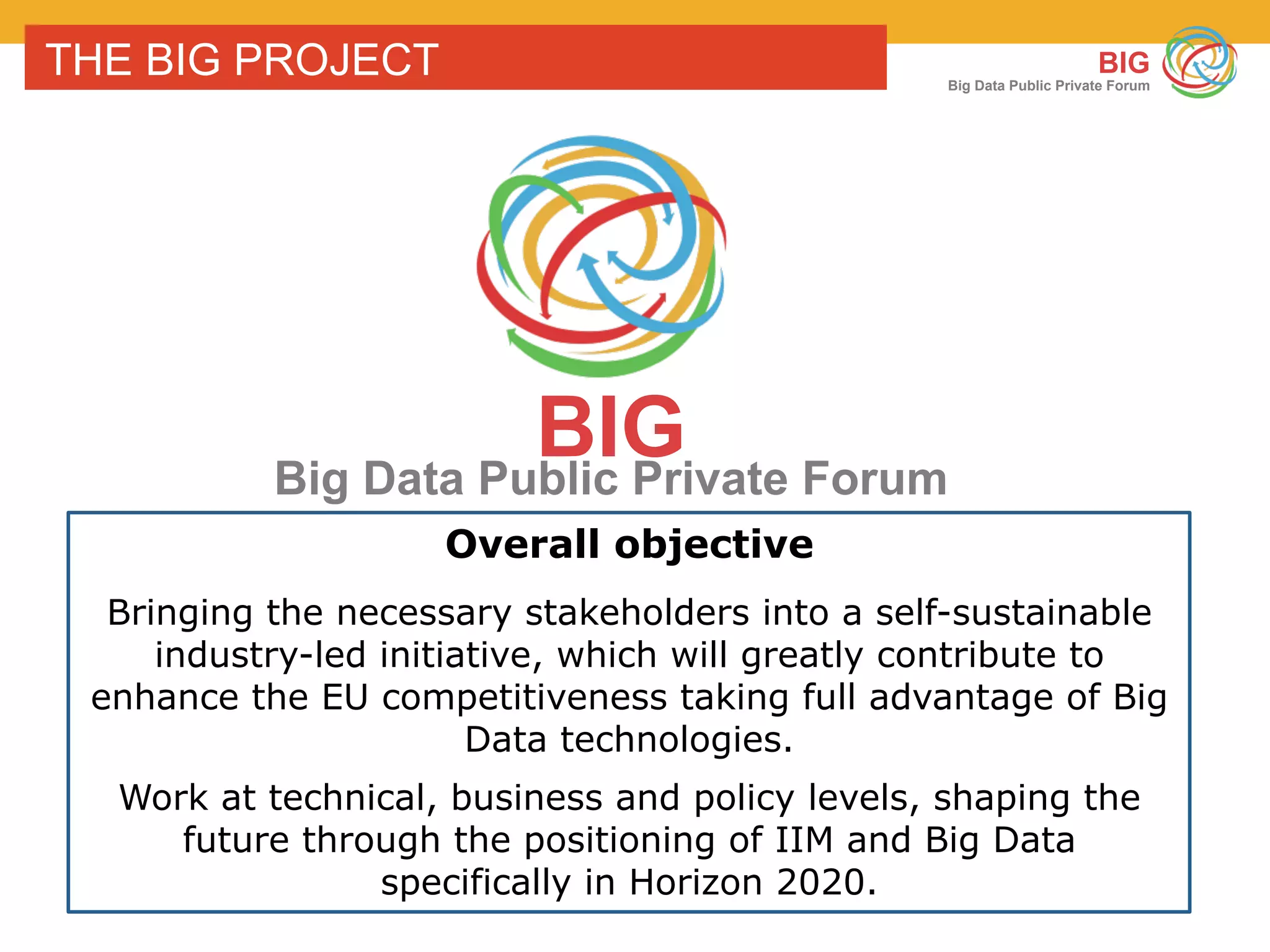 BIG
Big Data Public Private Forum
THE BIG PROJECT
Overall objective
Bringing the necessary stakeholders into a self-sustainable
industry-led initiative, which will greatly contribute to
enhance the EU competitiveness taking full advantage of Big
Data technologies.
Work at technical, business and policy levels, shaping the
future through the positioning of IIM and Big Data
specifically in Horizon 2020.
BIGBig Data Public Private Forum
 