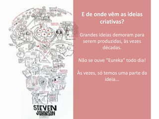E de onde vêm as ideias
        criativas?

 Grandes ideias demoram para
  serem produzidas, às vezes
           décadas.

Não se ouve “Eureka” todo dia!

Às vezes, só temos uma parte da
              ideia...
 