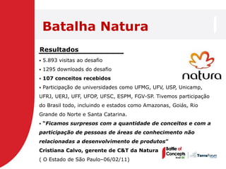 Batalha Natura
Resultados
   5.893 visitas ao desafio
   1295 downloads do desafio
   107 conceitos recebidos
   Participação de universidades como UFMG, UFV, USP, Unicamp,
UFRJ, UERJ, UFF, UFOP, UFSC, ESPM, FGV-SP. Tivemos participação
do Brasil todo, incluindo e estados como Amazonas, Goiás, Rio
Grande do Norte e Santa Catarina.
   “Ficamos surpresos com a quantidade de conceitos e com a
participação de pessoas de áreas de conhecimento não
relacionadas a desenvolvimento de produtos”
Cristiana Calvo, gerente de C&T da Natura
( O Estado de São Paulo–06/02/11)
 