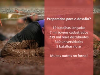 Preparados para o desafio?

   19 batalhas lançadas
 7 mil jovens cadastrados
 239 mil reais distribuídos
    340 universidades
     5 batalhas no ar

 Muitas outras no forno!
 