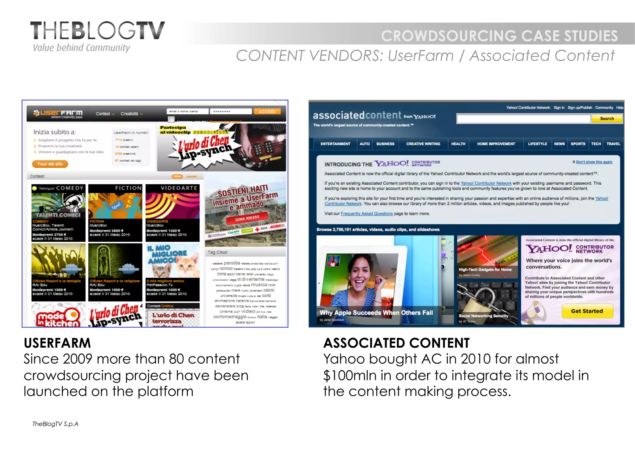 CROWDSOURCING CASE STUDIES
                             CONTENT VENDORS: UserFarm / Associated Content




USERFARM                               ASSOCIATED CONTENT
Since 2009 more than 80 content        Yahoo bought AC in 2010 for almost
crowdsourcing project have been        $100mln in order to integrate its model in
launched on the platform               the content making process.

 TheBlogTV S.p.A
 