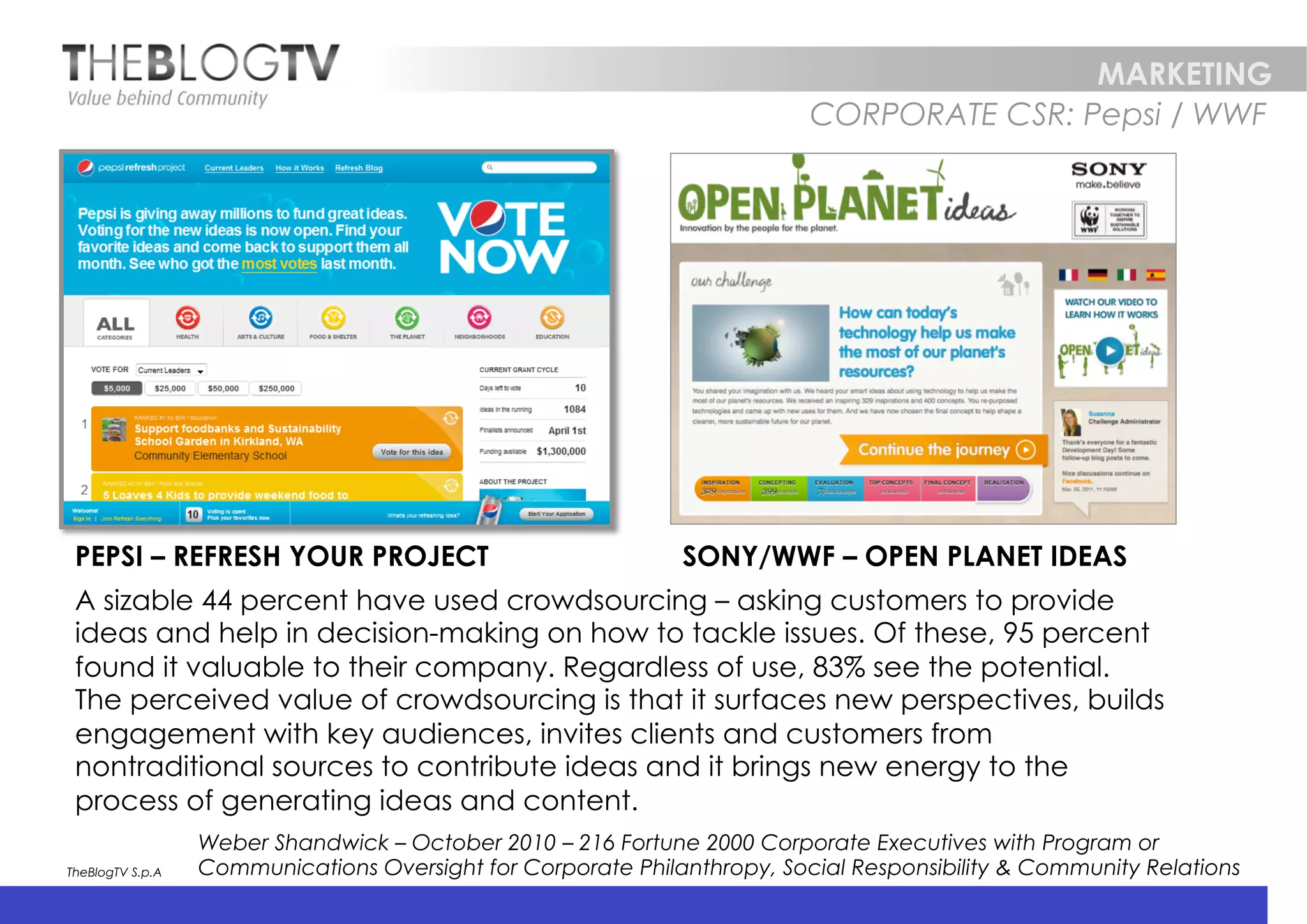 MARKETING
                                                                          CORPORATE CSR: Pepsi / WWF




 PEPSI – REFRESH YOUR PROJECT                                 SONY/WWF – OPEN PLANET IDEAS
 A sizable 44 percent have used crowdsourcing – asking customers to provide
 ideas and help in decision-making on how to tackle issues. Of these, 95 percent
 found it valuable to their company. Regardless of use, 83% see the potential.
 The perceived value of crowdsourcing is that it surfaces new perspectives, builds
 engagement with key audiences, invites clients and customers from
 nontraditional sources to contribute ideas and it brings new energy to the
 process of generating ideas and content.
                  Weber Shandwick – October 2010 – 216 Fortune 2000 Corporate Executives with Program or
TheBlogTV S.p.A   Communications Oversight for Corporate Philanthropy, Social Responsibility & Community Relations
                                                                                                         23
 