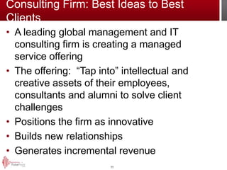 Consulting Firm: Best Ideas to Best
Clients
• A leading global management and IT
  consulting firm is creating a managed
  service offering
• The offering: “Tap into” intellectual and
  creative assets of their employees,
  consultants and alumni to solve client
  challenges
• Positions the firm as innovative
• Builds new relationships
• Generates incremental revenue
                        11
 