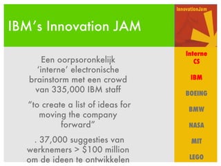 IBM’s Innovation JAM Interne CS IBM BOEING BMW NASA MIT LEGO Een oorpsoronkelijk ‘interne’ electronische brainstorm met een crowd van 335,000 IBM staff “ to create a list of ideas for moving the company forward” . 37,000 suggesties van werknemers > $100 million om de ideen te ontwikkelen 