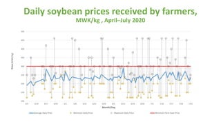 Daily soybean prices received by farmers,
MWK/kg , April–July 2020
100
150
200
250
300
350
400
450
500
4/3 4/10 4/17 4/24 5/1 5/8 5/15 5/22 5/29 6/5 6/12 6/19 6/26 7/3 7/10 7/17 7/24 7/31
Price
(MWK/kg)
Month/Day
Average Daily Price Minimum Daily Price Maximum Daily Price Minimum Farm Gate Price
 