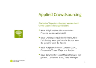 Applied	
  Crowdsourcing	
  
‚StaConäre‘	
  Experten-­‐Lösungen	
  werden	
  durch	
  
Crowd	
  Experten-­‐Lösungen	
  ersetzt:	
  

§  Neue	
  Möglichkeiten:	
  Unternehmens-­‐	
  
   Prozesse	
  werden	
  verschlankt	
  

§  Neue	
  Challenges:	
  Qualitätskontrolle,	
  faire	
  
   Entlohnung,	
  wem	
  gehören	
  die	
  Rechte,	
  wem	
  
   die	
  Steuern,	
  wem	
  die	
  Talente	
  

§  Neue	
  Aufgaben:	
  Content	
  CuraCon	
  (UGC),	
  
   Community/Crowd	
  Pﬂege	
  und	
  Ausbau	
  

§  Neue	
  Berufsbilder:	
  Social	
  Media	
  Manager	
  war	
  
   gestern....	
  jetzt	
  wird	
  man	
  ‚Crowd	
  Manager‘	
  
                                                                     11
 