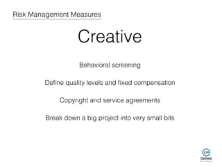 Risk Management Measures 
Creative 
Behavioral screening 
Define quality levels and fixed compensation 
Copyright and serv...