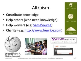 Altruism
•     Contribute knowledge
•     Help others (who need knowledge)
•     Help workers (e.g. SamaSource)
•     Charity (e.g. http://www.freerice.com)




    July 24, 2011   Crowdsourcing for Information Retrieval: Principles, Methods, and Applications   143
 