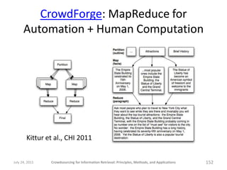 CrowdForge: MapReduce for
      Automation + Human Computation




        Kittur et al., CHI 2011


July 24, 2011   Crowdsourcing for Information Retrieval: Principles, Methods, and Applications   152
 