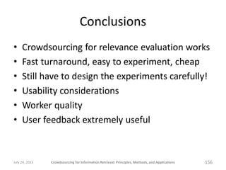 Conclusions
•    Crowdsourcing for relevance evaluation works
•    Fast turnaround, easy to experiment, cheap
•    Still have to design the experiments carefully!
•    Usability considerations
•    Worker quality
•    User feedback extremely useful



July 24, 2011   Crowdsourcing for Information Retrieval: Principles, Methods, and Applications   156
 