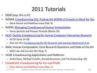 2011 Tutorials
• SIGIR (yep, this is it!)
• WSDM: Crowdsourcing 101: Putting the WSDM of Crowds to Work for You
    – Omar Alonso and Matthew Lease (Feb. 9)
• WWW: Managing Crowdsourced Human Computation
    – Panos Ipeirotis and Praveen Paritosh (March 29)
• HCIC: Quality Crowdsourcing for Human Computer Interaction Research
    – Ed Chi (June 14-18)
    – Also see Chi’s Crowdsourcing for HCI Research with Amazon Mechanical Turk
• AAAI: Human Computation: Core Research Questions and State of the Art
    – Edith Law and Luis von Ahn (Aug. 7)
• VLDB: Crowdsourcing Applications and Platforms
    – AnHai Doan, Michael Franklin, Donald Kossmann, and Tim Kraska (Aug. 29)
• CrowdConf: Crowdsourcing for Fun and Profit
    – Omar Alonso and Matthew Lease (Nov. 1)
   July 24, 2011   Crowdsourcing for Information Retrieval: Principles, Methods, and Applications   162
 