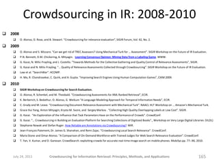 Crowdsourcing in IR: 2008-2010
   2008
          O. Alonso, D. Rose, and B. Stewart. “Crowdsourcing for relevance evaluation”, SIGIR Forum, Vol. 42, No. 2.

   2009
          O. Alonso and S. Mizzaro. “Can we get rid of TREC Assessors? Using Mechanical Turk for … Assessment”. SIGIR Workshop on the Future of IR Evaluation.
          P.N. Bennett, D.M. Chickering, A. Mityagin. Learning Consensus Opinion: Mining Data from a Labeling Game. WWW.
          G. Kazai, N. Milic-Frayling, and J. Costello. “Towards Methods for the Collective Gathering and Quality Control of Relevance Assessments”, SIGIR.
          G. Kazai and N. Milic-Frayling. “… Quality of Relevance Assessments Collected through Crowdsourcing”. SIGIR Workshop on the Future of IR Evaluation.
          Law et al. “SearchWar”. HCOMP.
          H. Ma, R. Chandrasekar, C. Quirk, and A. Gupta. “Improving Search Engines Using Human Computation Games”, CIKM 2009.

   2010
          SIGIR Workshop on Crowdsourcing for Search Evaluation.
          O. Alonso, R. Schenkel, and M. Theobald. “Crowdsourcing Assessments for XML Ranked Retrieval”, ECIR.
          K. Berberich, S. Bedathur, O. Alonso, G. Weikum “A Language Modeling Approach for Temporal Information Needs”, ECIR.
          C. Grady and M. Lease. “Crowdsourcing Document Relevance Assessment with Mechanical Turk”. NAACL HLT Workshop on … Amazon's Mechanical Turk.
          Grace Hui Yang, Anton Mityagin, Krysta M. Svore, and Sergey Markov . “Collecting High Quality Overlapping Labels at Low Cost”. SIGIR.
          G. Kazai. “An Exploration of the Influence that Task Parameters Have on the Performance of Crowds”. CrowdConf.
          G. Kazai. “… Crowdsourcing in Building an Evaluation Platform for Searching Collections of Digitized Books”., Workshop on Very Large Digital Libraries (VLDL)
          Stephanie Nowak and Stefan Ruger. How Reliable are Annotations via Crowdsourcing? MIR.
          Jean-François Paiement, Dr. James G. Shanahan, and Remi Zajac. “Crowdsourcing Local Search Relevance”. CrowdConf.
          Maria Stone and Omar Alonso. “A Comparison of On-Demand Workforce with Trained Judges for Web Search Relevance Evaluation”. CrowdConf.
          T. Yan, V. Kumar, and D. Ganesan. CrowdSearch: exploiting crowds for accurate real-time image search on mobile phones. MobiSys pp. 77--90, 2010.




     July 24, 2011                Crowdsourcing for Information Retrieval: Principles, Methods, and Applications                                               165
 