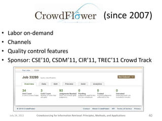 (since 2007)
•   Labor on-demand
•   Channels
•   Quality control features
•   Sponsor: CSE’10, CSDM’11, CIR’11, TREC’11 Crowd Track




    July 24, 2011   Crowdsourcing for Information Retrieval: Principles, Methods, and Applications   40
 