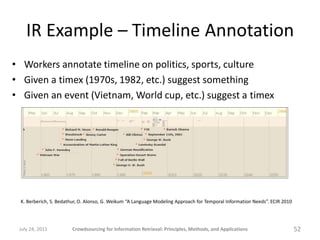 IR Example – Timeline Annotation
• Workers annotate timeline on politics, sports, culture
• Given a timex (1970s, 1982, etc.) suggest something
• Given an event (Vietnam, World cup, etc.) suggest a timex




 K. Berberich, S. Bedathur, O. Alonso, G. Weikum “A Language Modeling Approach for Temporal Information Needs”. ECIR 2010




 July 24, 2011         Crowdsourcing for Information Retrieval: Principles, Methods, and Applications                       52
 