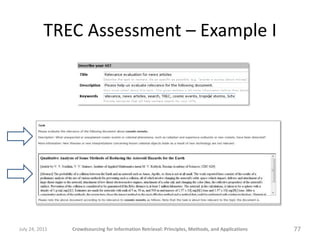 TREC Assessment – Example I




July 24, 2011   Crowdsourcing for Information Retrieval: Principles, Methods, and Applications   77
 