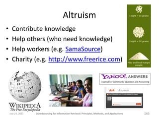 Altruism
•     Contribute knowledge
•     Help others (who need knowledge)
•     Help workers (e.g. SamaSource)
•     Char...