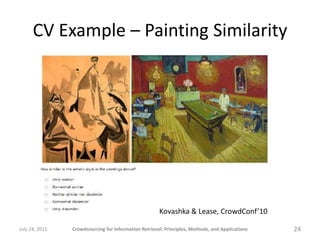 CV Example – Painting Similarity




                                                      Kovashka & Lease, CrowdConf’10

July 24, 2011   Crowdsourcing for Information Retrieval: Principles, Methods, and Applications   24
 
