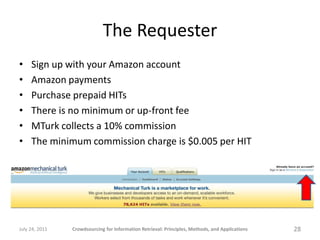 The Requester
•    Sign up with your Amazon account
•    Amazon payments
•    Purchase prepaid HITs
•    There is no minimum or up-front fee
•    MTurk collects a 10% commission
•    The minimum commission charge is $0.005 per HIT




July 24, 2011   Crowdsourcing for Information Retrieval: Principles, Methods, and Applications   28
 