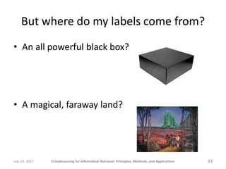 But where do my labels come from?
• An all powerful black box?




• A magical, faraway land?




July 24, 2011   Crowdsourcing for Information Retrieval: Principles, Methods, and Applications   33
 
