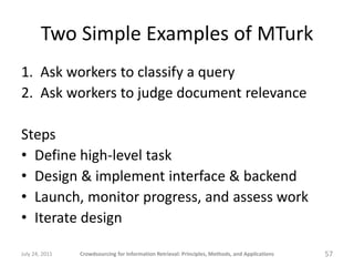 Two Simple Examples of MTurk
1. Ask workers to classify a query
2. Ask workers to judge document relevance

Steps
• Define high-level task
• Design & implement interface & backend
• Launch, monitor progress, and assess work
• Iterate design

July 24, 2011   Crowdsourcing for Information Retrieval: Principles, Methods, and Applications   57
 