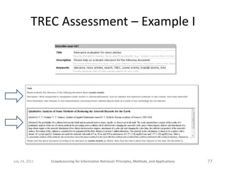 TREC Assessment – Example I




July 24, 2011   Crowdsourcing for Information Retrieval: Principles, Methods, and Applicat...