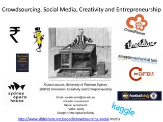 Crowdsourcing, Social Media, Creativity and Entrepreneurship

Guest Lecture, University of Western Sydney
200792 Innovation, Creativity and Entrepreneurship
Email: suresh.sood@uts.edu.au
LinkedIn: sureshsood
Skype: sureshsood
Twitter: soody
Google +: http://gplus.to/Soody

http://www.slideshare.net/ssood/crowdsourcing-social media

 