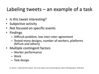 Labeling tweets – an example of a task 
• Is this tweet interesting? 
• Subjective activity 
• Not focused on specific events 
• Findings 
– Difficult problem, low inter-rater agreement 
– Tested many designs, number of workers, platforms 
(MTurk and others) 
• Multiple contingent factors 
– Worker performance 
– Work 
– Task design 
O. Alonso, C. Marshall & M. Najork. “Are some tweets more interesting than others? #hardquestion. HCIR 2013. 
 