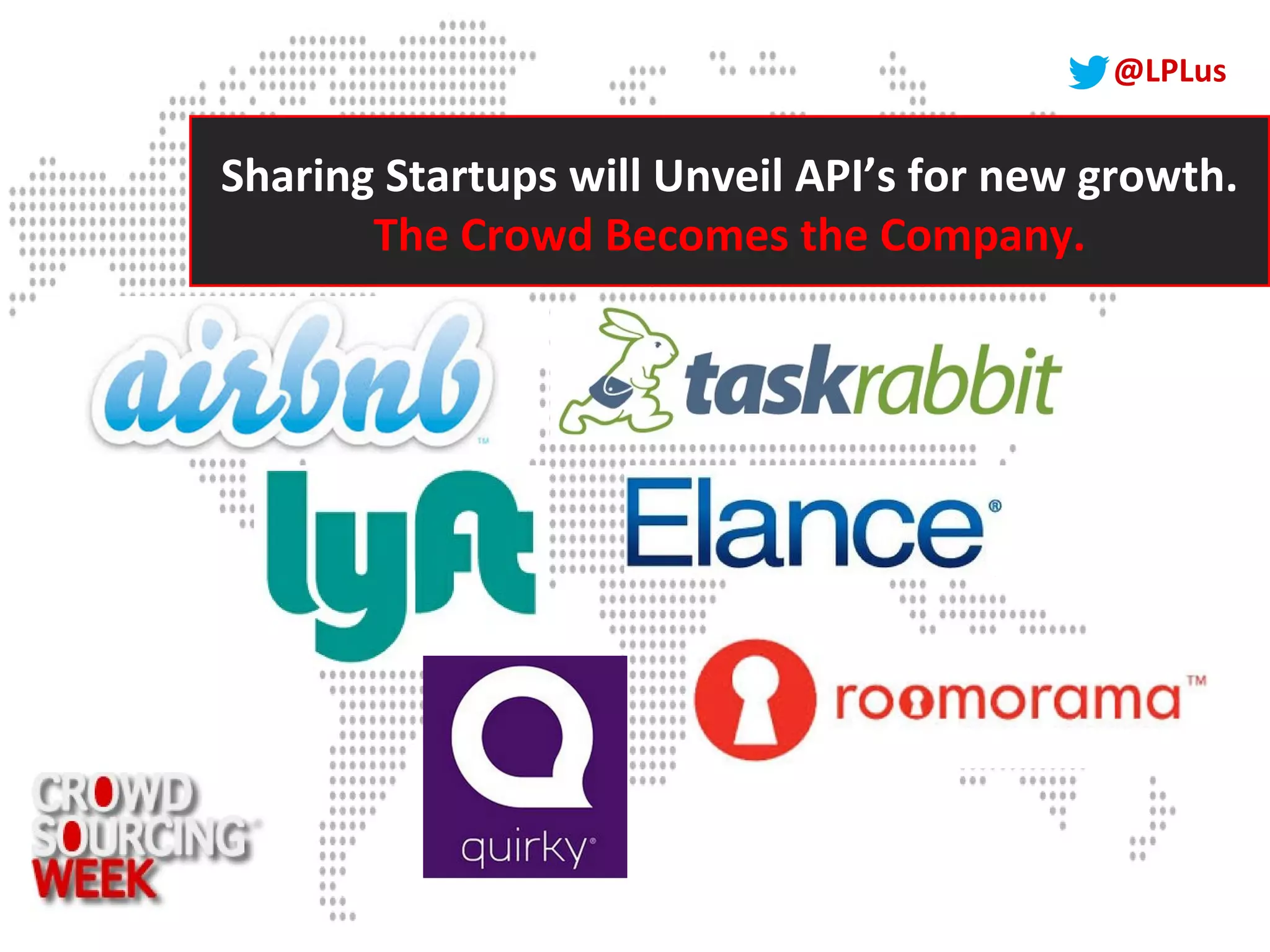 @LPLus
Sharing Startups will Unveil API’s for new growth.
The Crowd Becomes the Company.