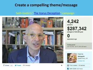 Create a compelling theme/message
Seth Godin’s “The Icarus Deception” campaign

 