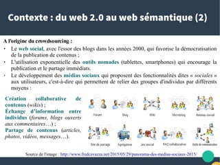 Contexte : du web 2.0 au web sémantique (2)
A l'origine du crowdsourcing :
● Le web social, avec l'essor des blogs dans les années 2000, qui favorise la démocratisation
de la publication de contenus ;
● L'utilisation exponentielle des outils nomades (tablettes, smartphones) qui encourage la
publication et le partage immédiats.
● Le développement des médias sociaux qui proposent des fonctionnalités dites « sociales »
aux utilisateurs, c'est-à-dire qui permettent de relier des groupes d'individus par différents
moyens :
Source de l'image : http://www.fredcavazza.net/2015/05/29/panorama-des-medias-sociaux-2015/
Création collaborative de
contenus (wikis) ;
Échange d’information entre
individus (forums, blogs ouverts
aux commentaires…) ;
Partage de contenus (articles,
photos, vidéos, messages…).
 