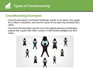 Crowdfunding Examples
•  The ALS Association’s Ice Bucket Challenge; results: In six weeks, they raised
$112 million in do...