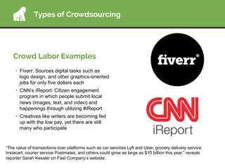 Crowd Labor Examples
•  Fiverr: Sources digital tasks such as
logo design, and other graphics-oriented
jobs for only five ...