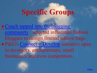 Specific Groups
● Coach tapped into the blogging
  community : selected influential fashion
  bloggers to design limited edition bags
● P&G's Connect + Develop initiative open
  to inventors, entrepreneurs, small
  businesses and even competitors.

                                        Image
 