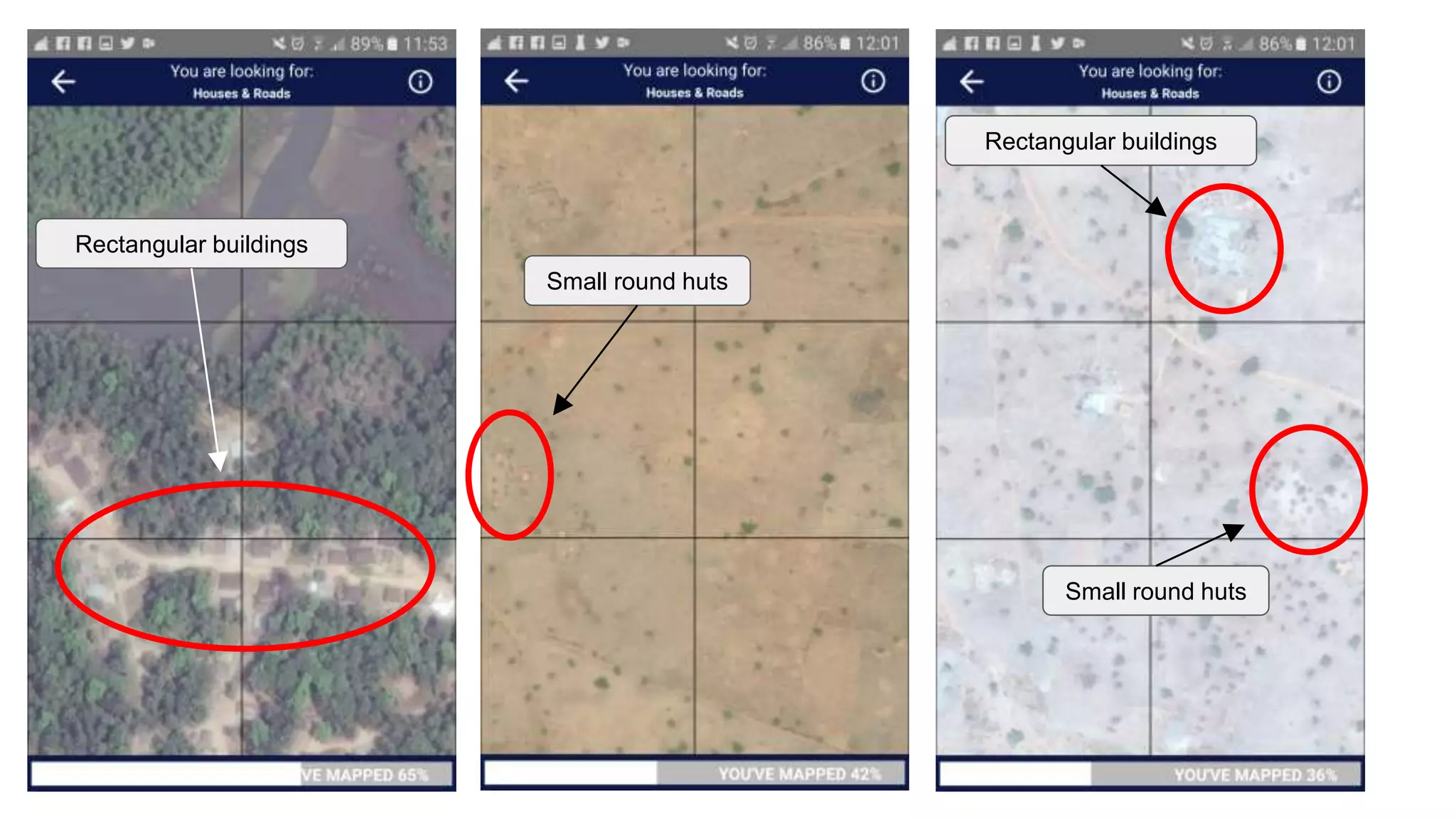Rectangular buildings
Rectangular buildings
Small round huts
Small round huts